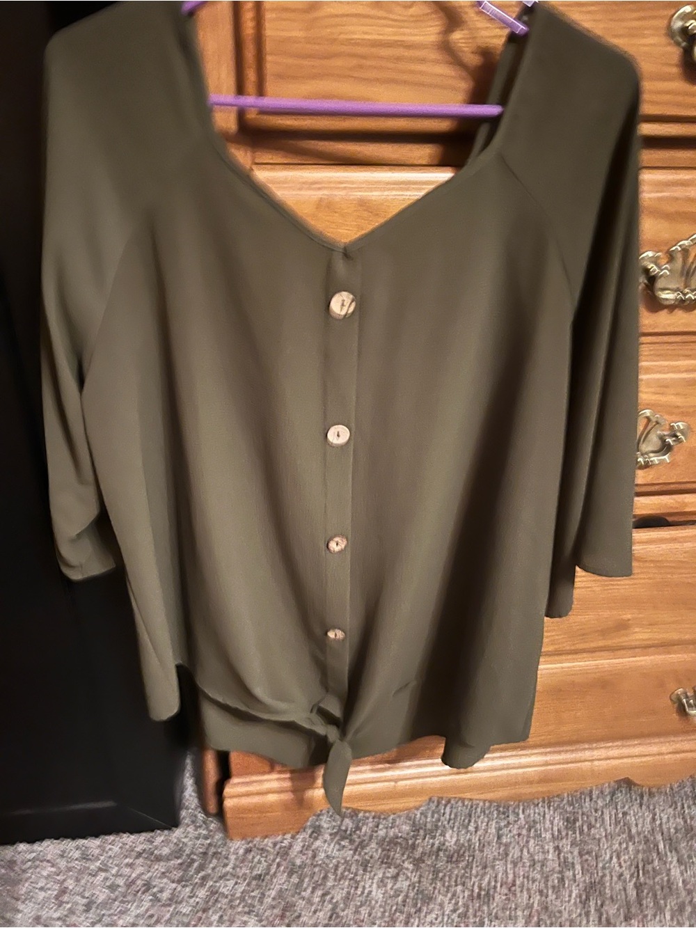 V-Neck Olive Button-Front Tie-Hem Women's Blouse
